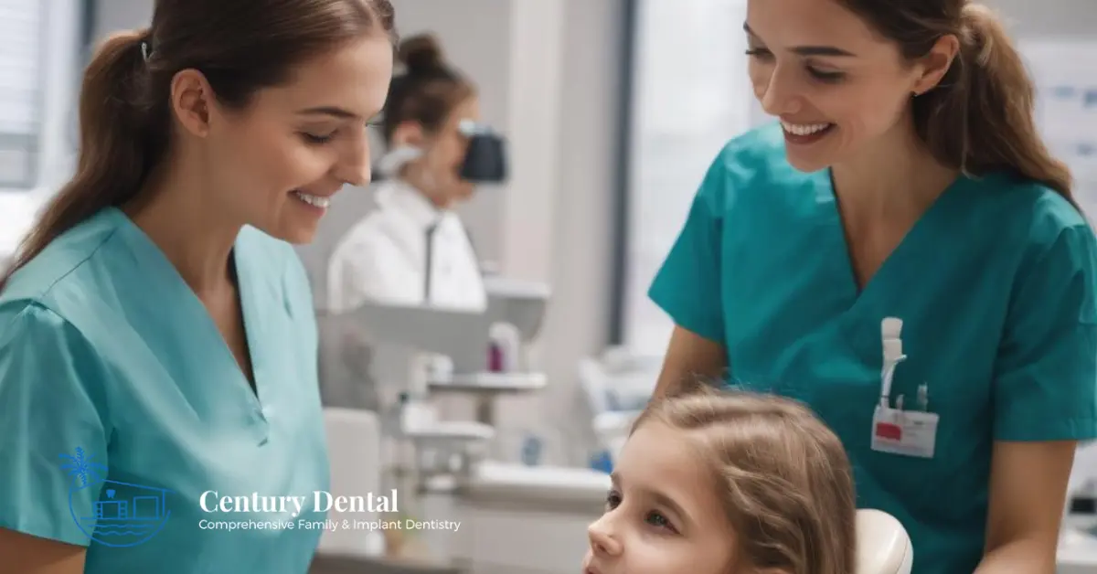 A girl sitting on a dentist's chair talking to two dentists