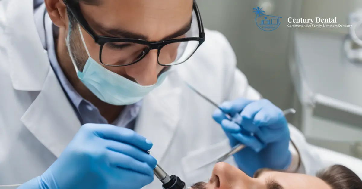A dentist performing a dental procedure to a patient.